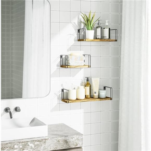 Rustic Floating Shelves, Hanging Shelves Wall Mount Set of 3,17Inch Wood Shelves - Picture 2 of 6